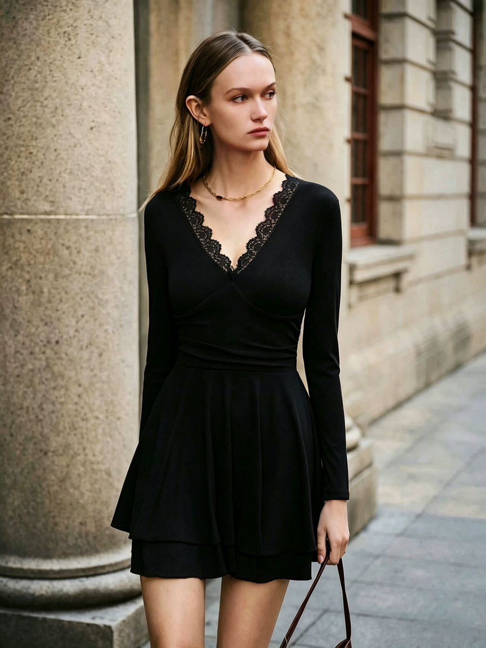 ZARA Women Lace Collar Long Sleeve Waist Slimming Ruffle Hem Short Dress